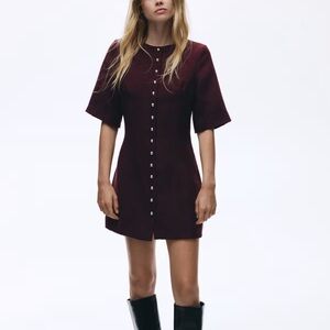 H&M NWT boucle textured tweed burgundy & silver buttons fully lined mini dress